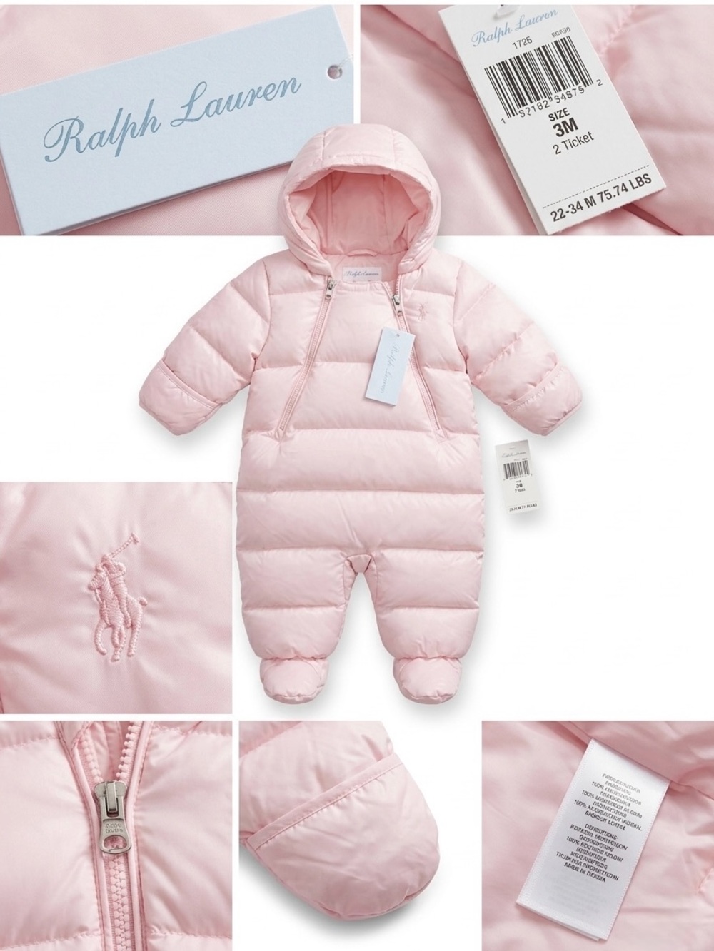 NWT Ralph Lauren Pink Quilted Puffer Snowsuit Bunting - Size 3M